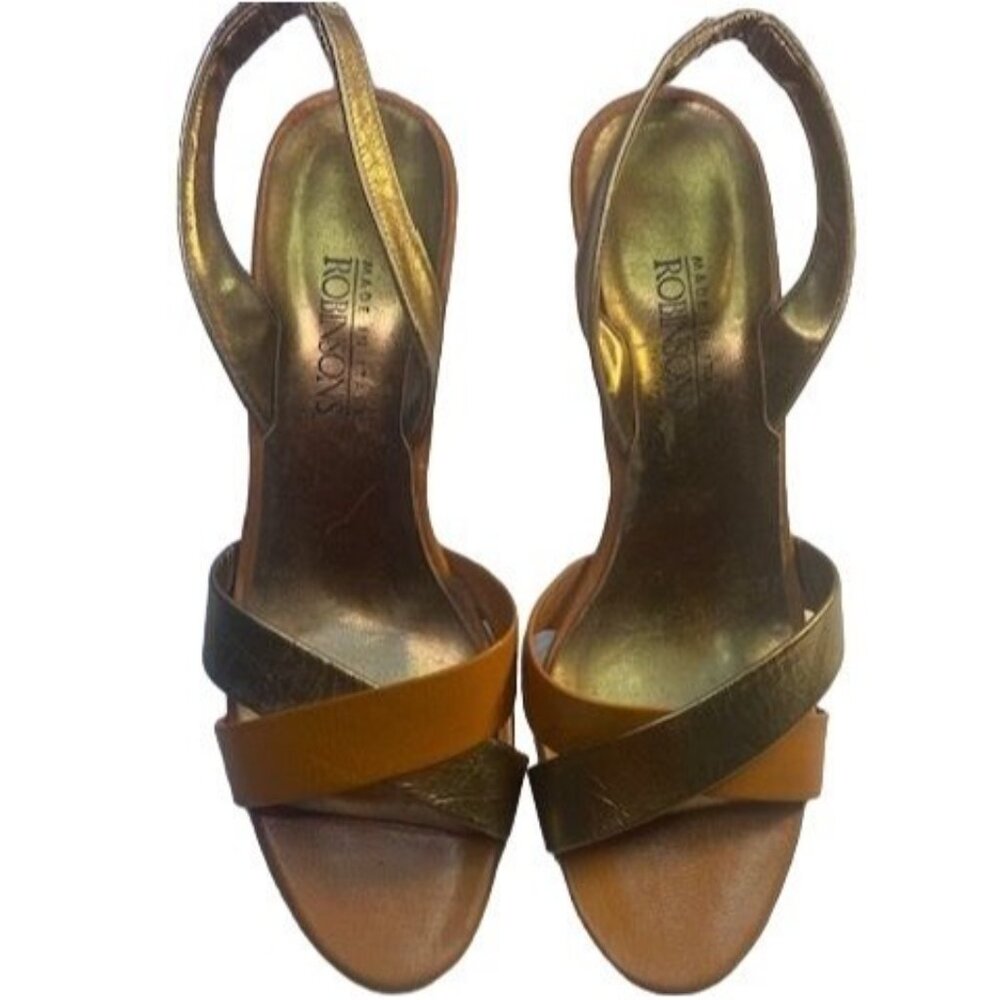 Robinsons Women's Heels - Gold & Orange Brown Strappy Sandals Size 5.5 3-Inch H - Picture 2 of 8
